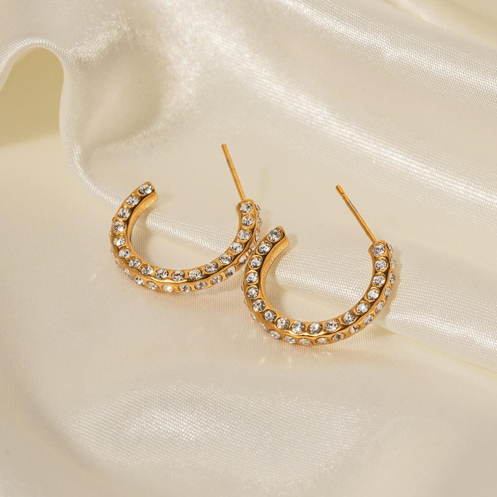 Earrings 18K Gold  Versatile and Elegant Inlaid Geometric Cubic Zirconia C-shaped Design