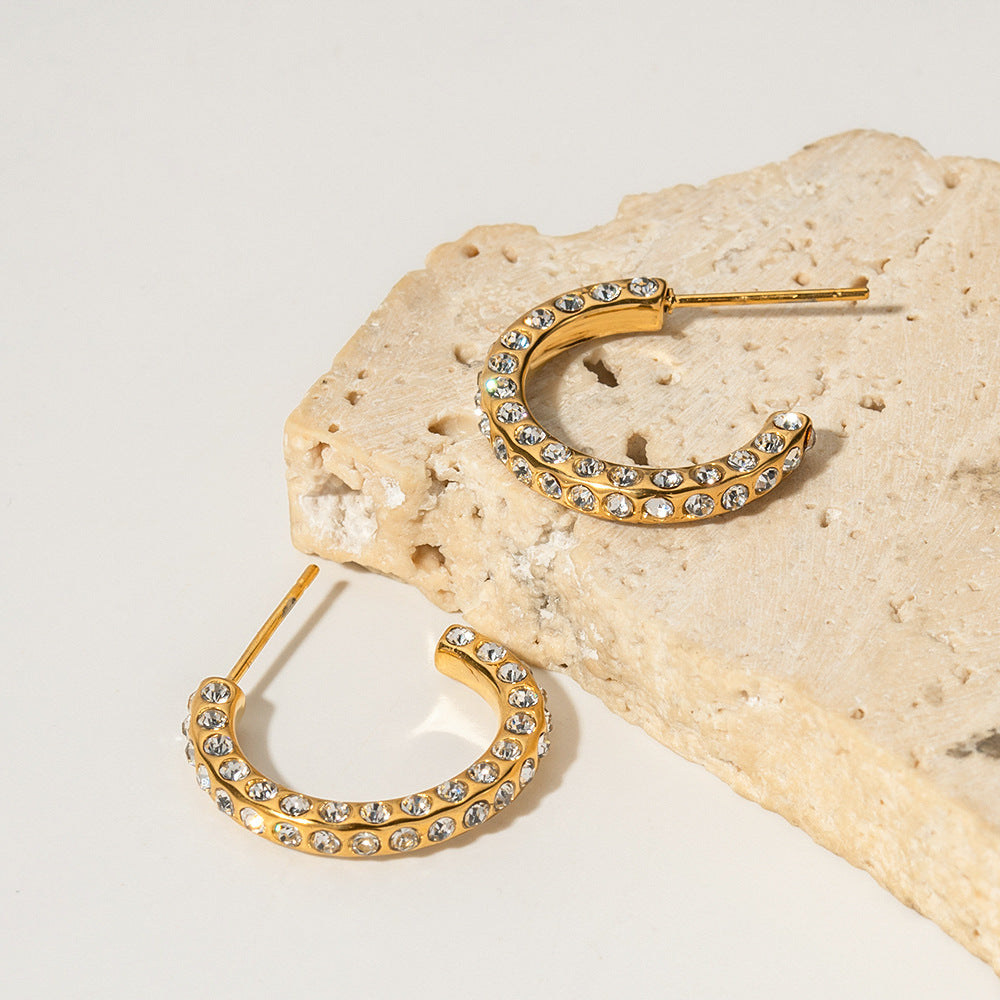 Earrings 18K Gold  Versatile and Elegant Inlaid Geometric Cubic Zirconia C-shaped Design