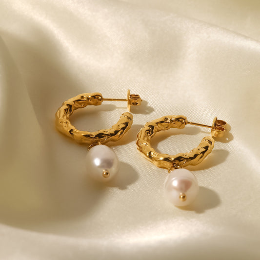 Earrings 18K Gold Plated Inlaid Natural White Freshwater Pearl