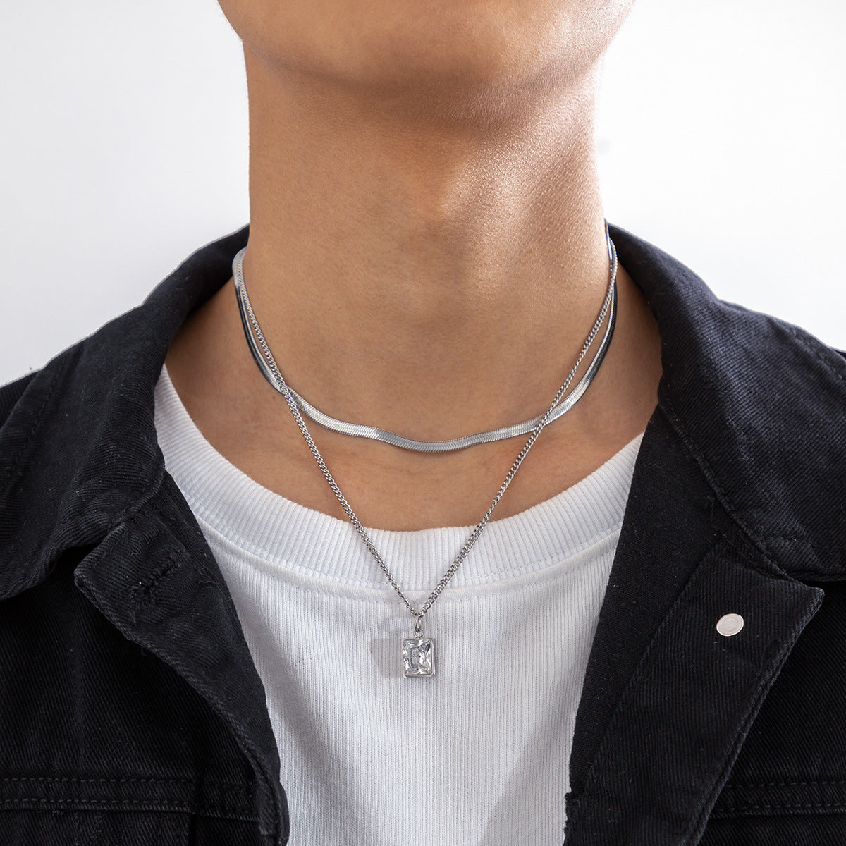 Necklace Men/Boys Simple Square diamond snake bone chain design light luxury Fashion Jewelry