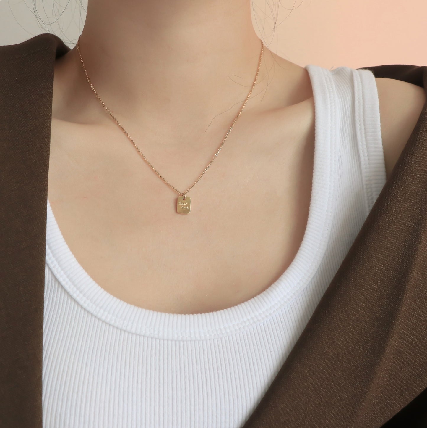 Necklace 18K Gold Fashionable Versatile and simple square card with "GOOD LUCK" design