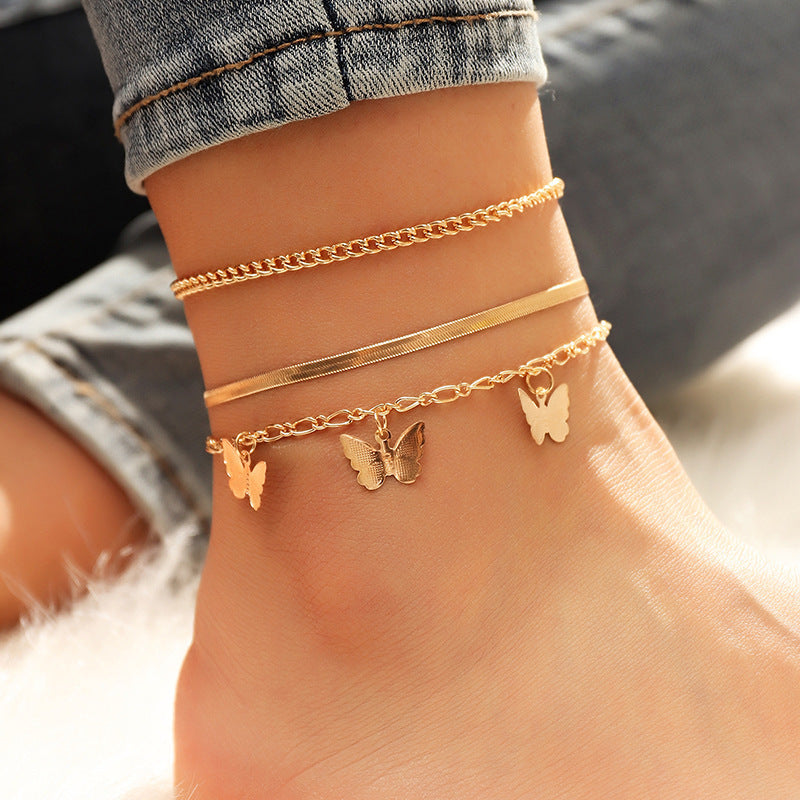 Anklet Set Layered Chain Butterfly Pendants