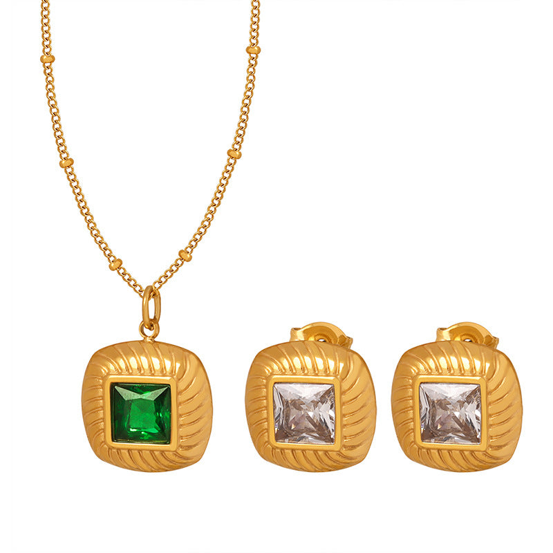 Earrings Necklace Set 18K Gold Fashionable Retro Square Inlaid Gem Design Court Style