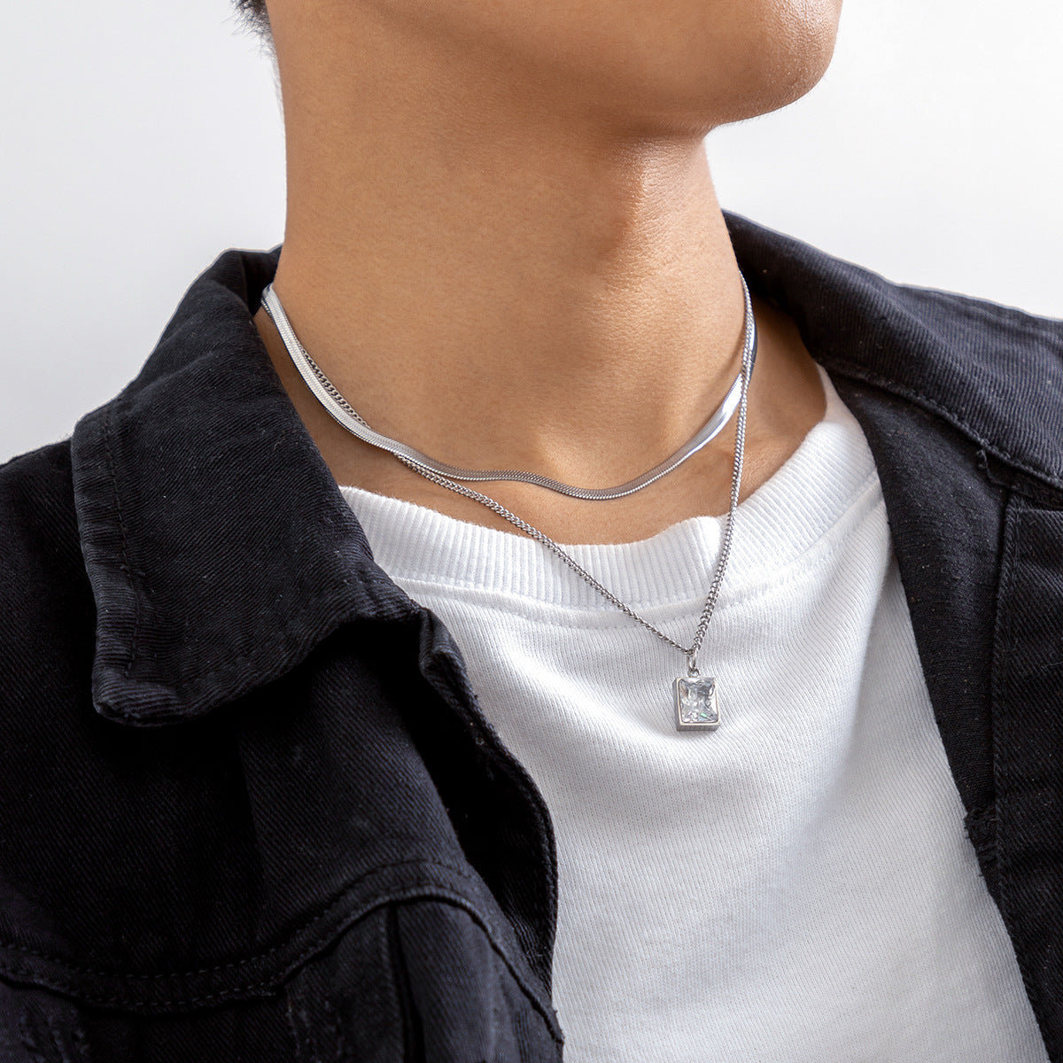 Necklace Men/Boys Simple Square diamond snake bone chain design light luxury Fashion Jewelry