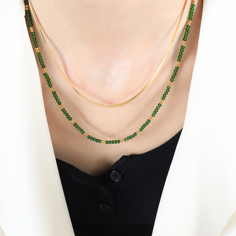 Necklace18k gold exquisite noble gemstones and blade chain double layer stacking design