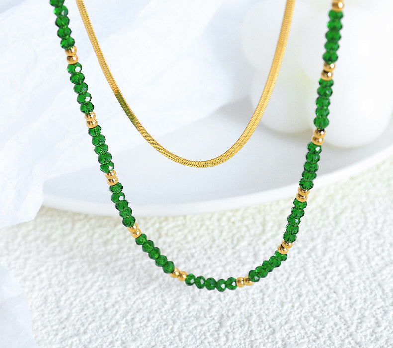 Necklace18k gold exquisite noble gemstones and blade chain double layer stacking design