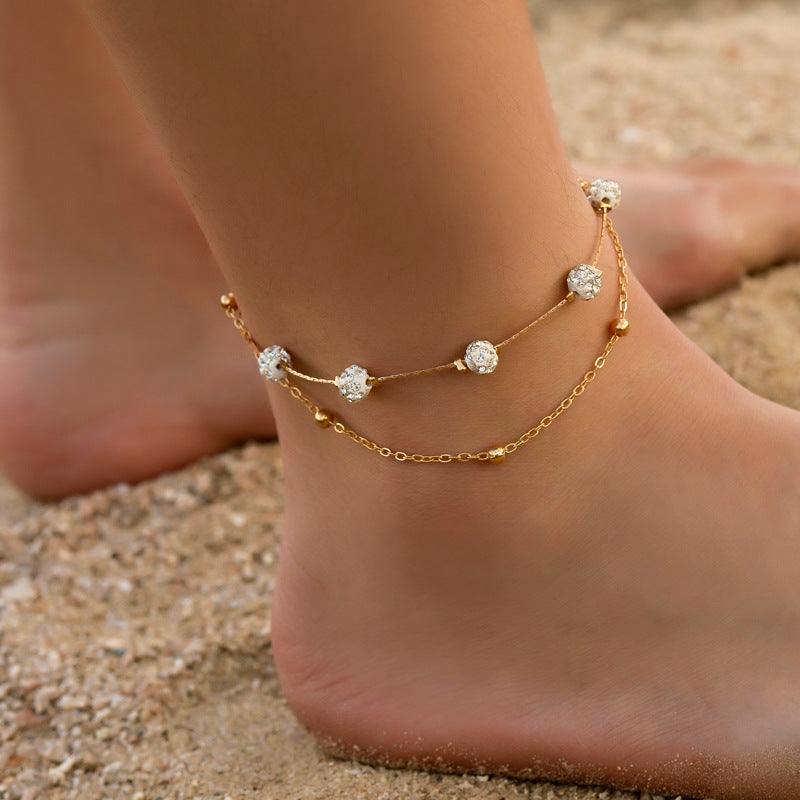 Anklet Exquisite  Versatile and Simple Double Layer with Shambhala diamond ball design