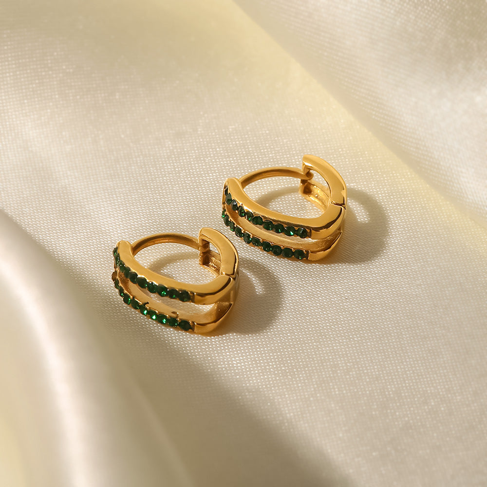 Earrings 18K Gold Plated Double Circle Green/White Fine Diamond