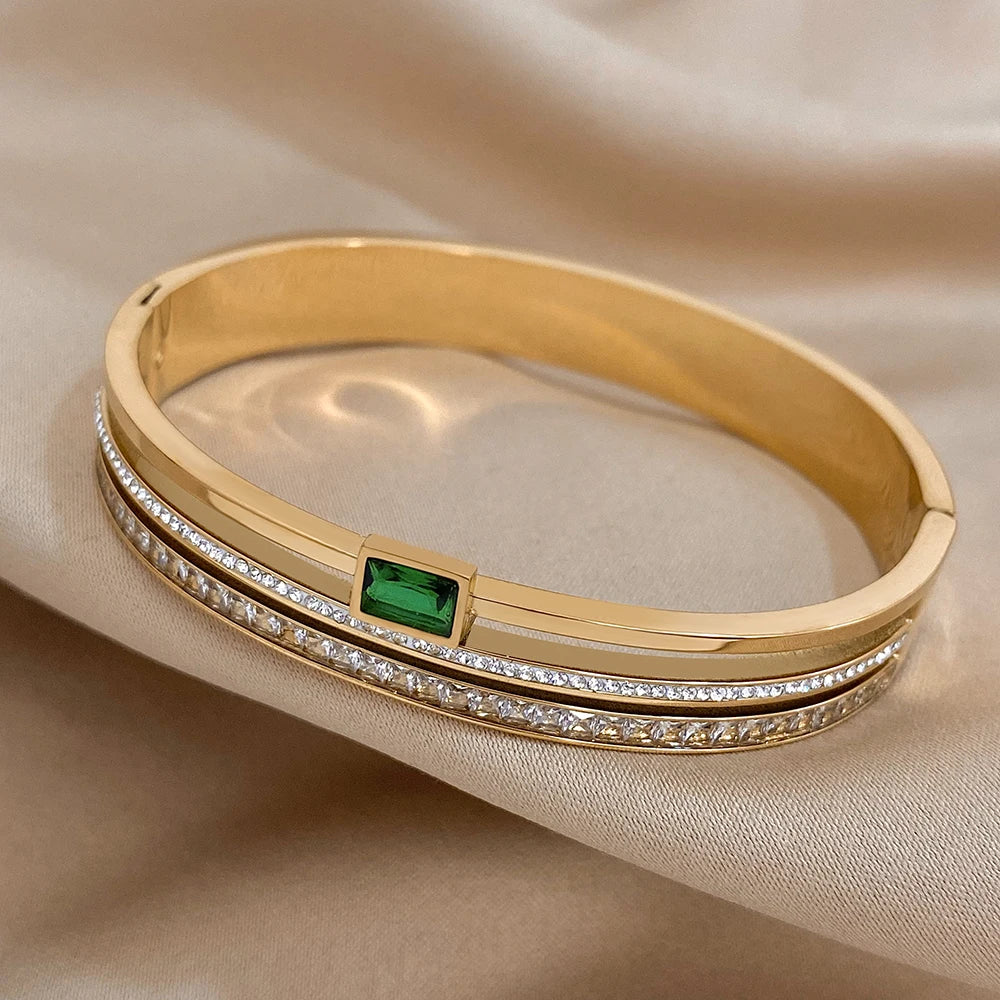 Bracelet For Women Luxury Stainless Steel Cuff Gold Silver Color With Green White Rhinestone Wide Bangle Gift