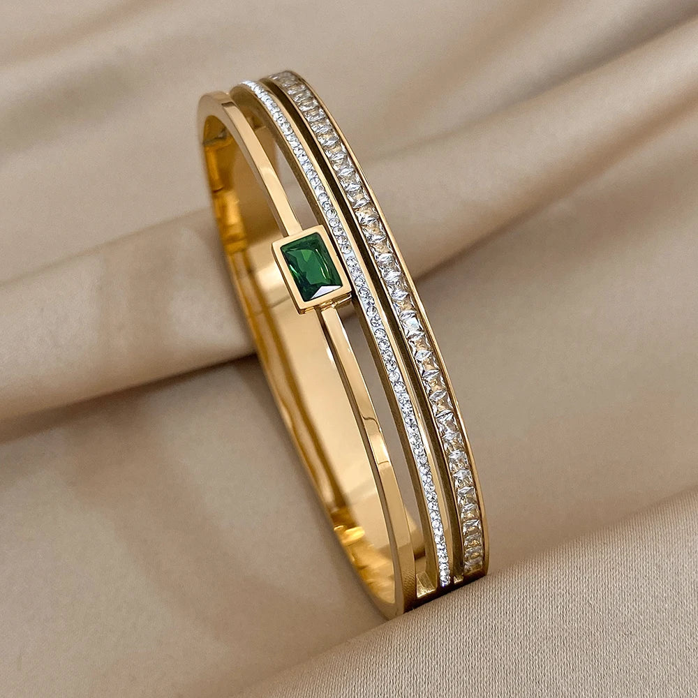 Bracelet For Women Luxury Stainless Steel Cuff Gold Silver Color With Green White Rhinestone Wide Bangle Gift