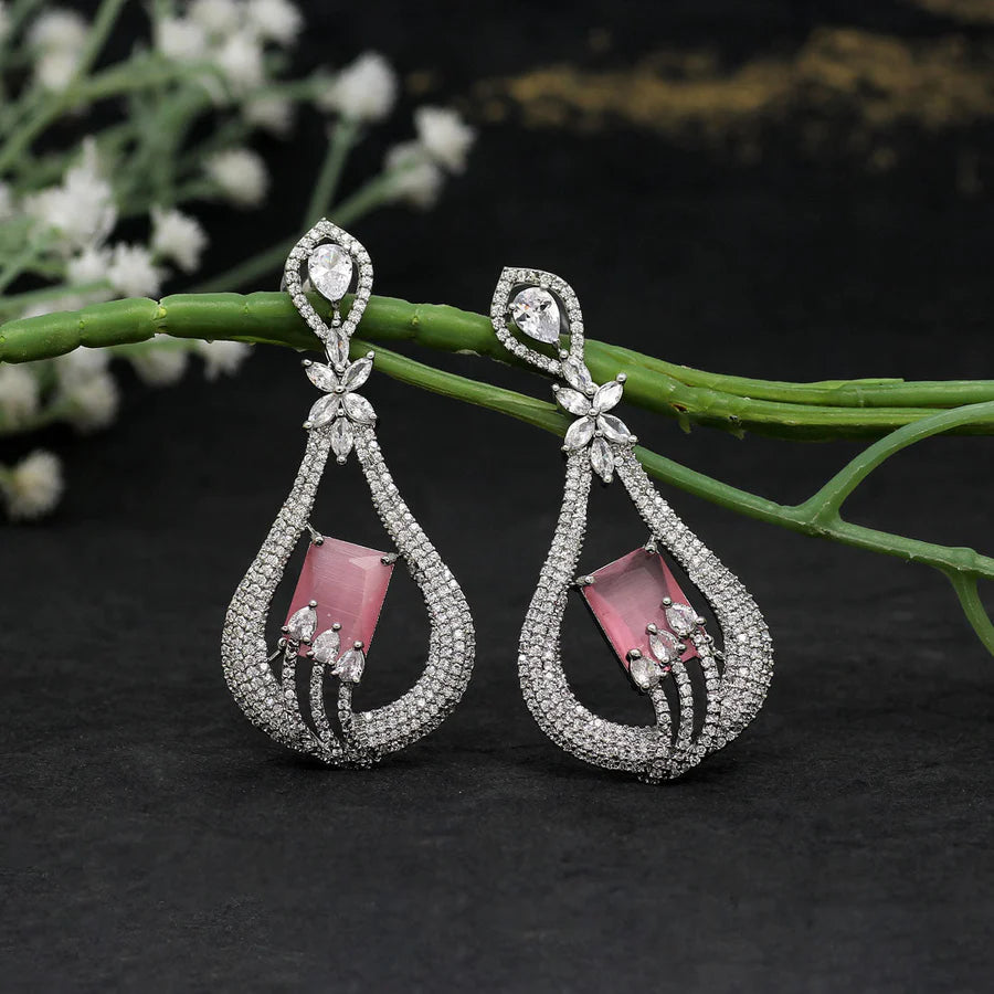 American Diamond Earrings For Women Silver Plated Pear Danglers 3 Colors Party Gift Jewelry