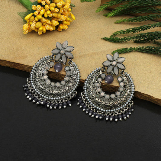 Antique Earrings For Women Gray Color Black Silver Plated Glass Stone Imitation Pearls Jewelry