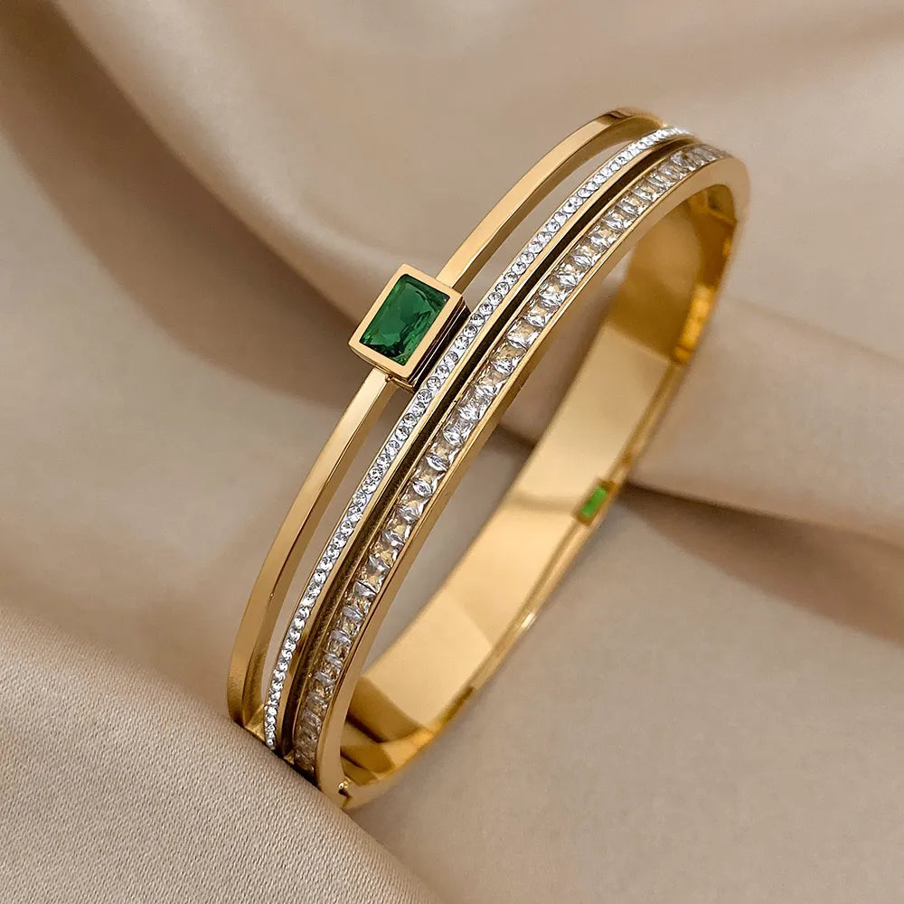 Bracelet For Women Luxury Stainless Steel Cuff Gold Silver Color With Green White Rhinestone Wide Bangle Gift