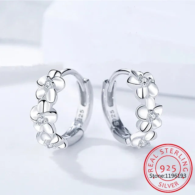 Earrings Hoop Style Zirconia Flower 925 Sterling Silver Small Round Loop Girls Jewelry