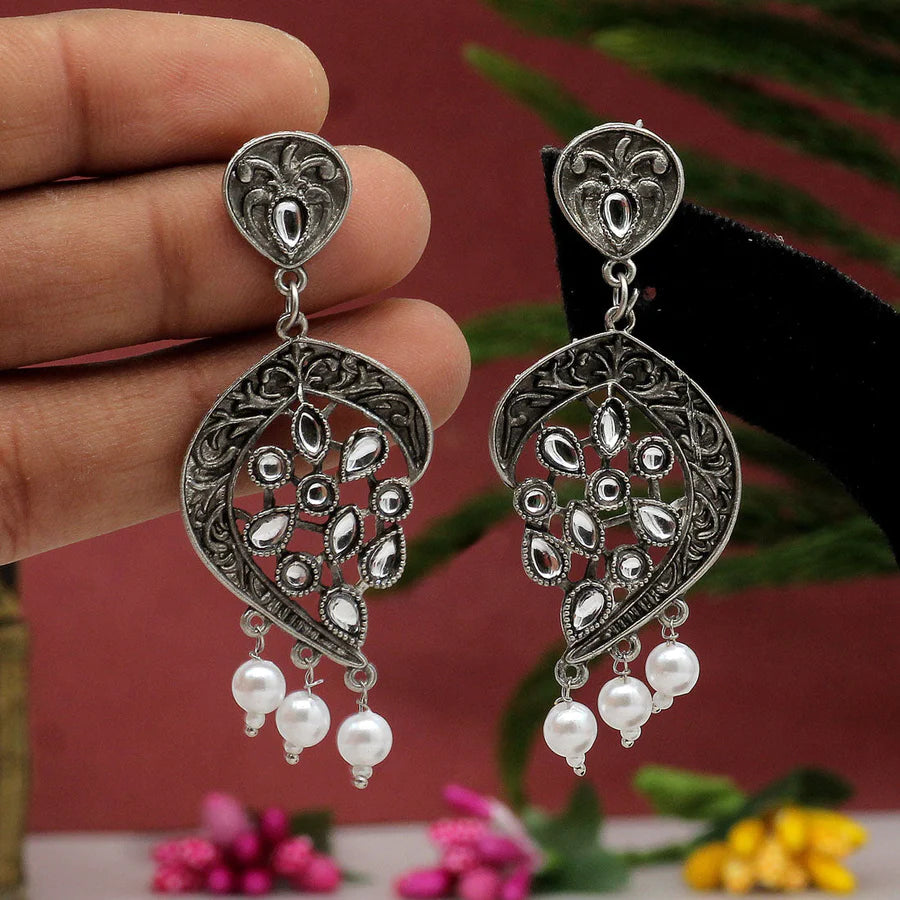 Antique Earrings For Women White Color Silver Plated Oxidized Dangle Style Party Gift Jewelry