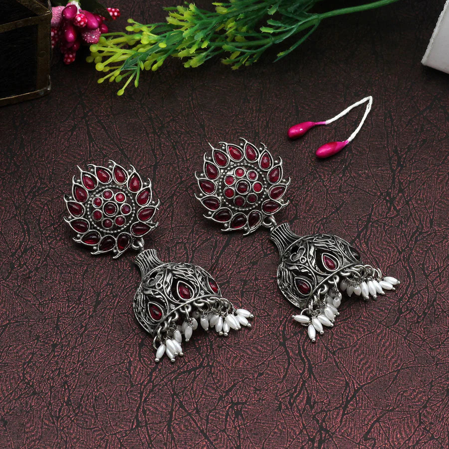 Antique Earrings For Women Rani Color Silver Plated Oxidized Drop Style Party Gift Jewelry