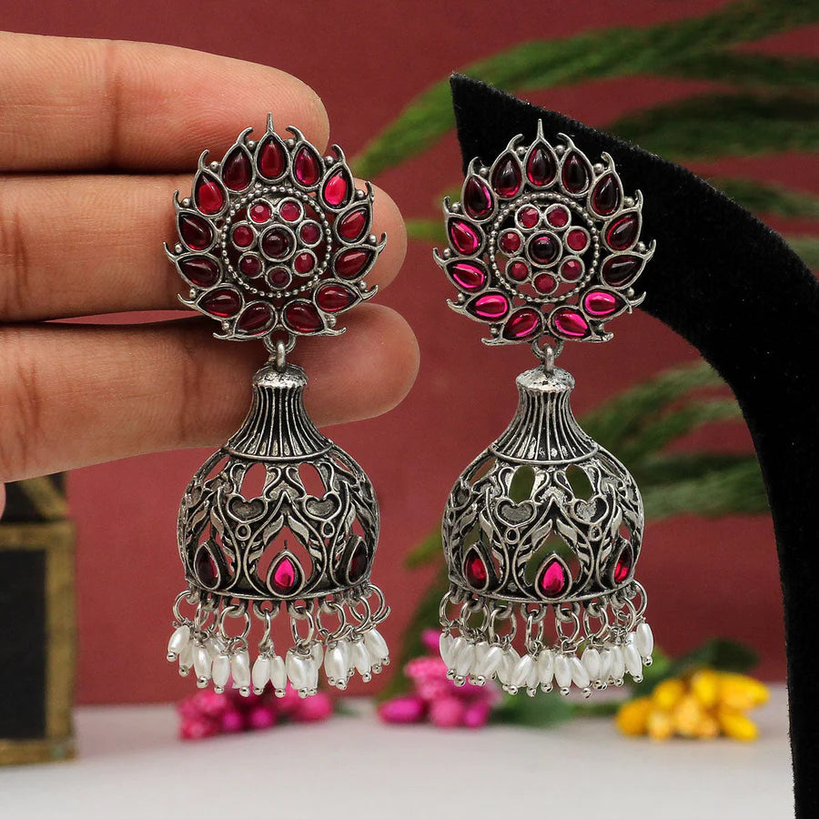 Antique Earrings For Women Rani Color Silver Plated Oxidized Drop Style Party Gift Jewelry