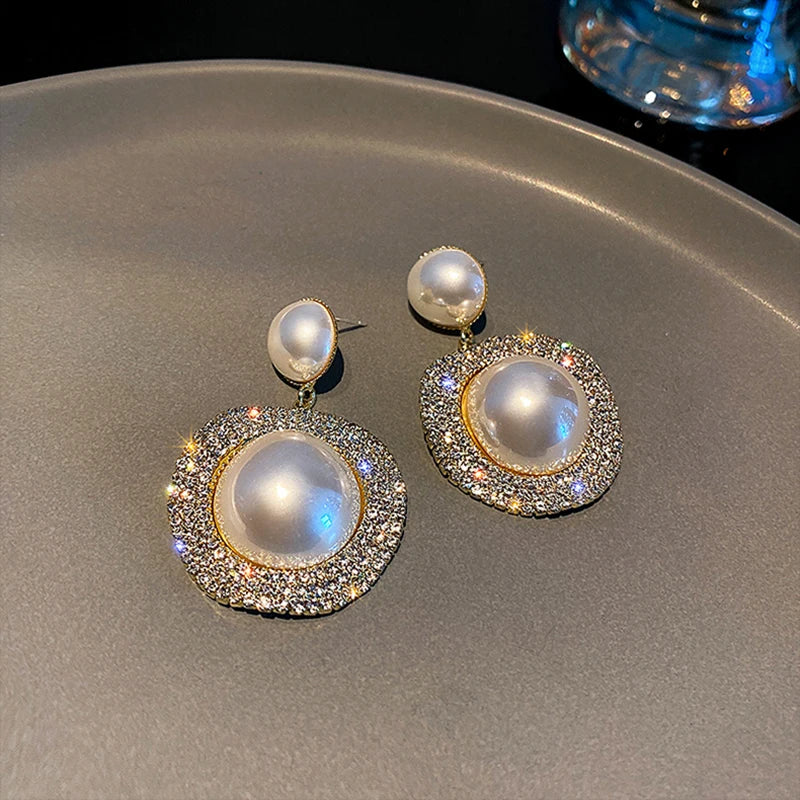 Earrings For Women Luxury Shiny Oversize Gray Pearl Drop Crystal Golden Round Pearl Dangle Earrings Wedding Party Gift Jewelry