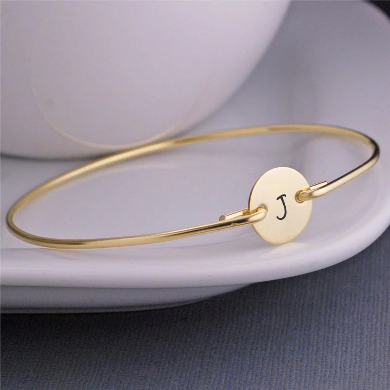 Bangle for Women Men Name Initial Gold Tone Stainless Steel Letter Coin Cuff Party Jewelry