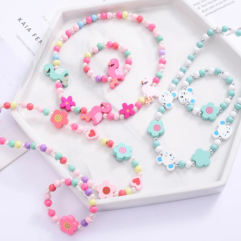 Necklace Bracelet Set Cute Cartoon Wooden Flower Animal Shape Beads Set For Girl's Birthday Gifts Jewelry Accessories