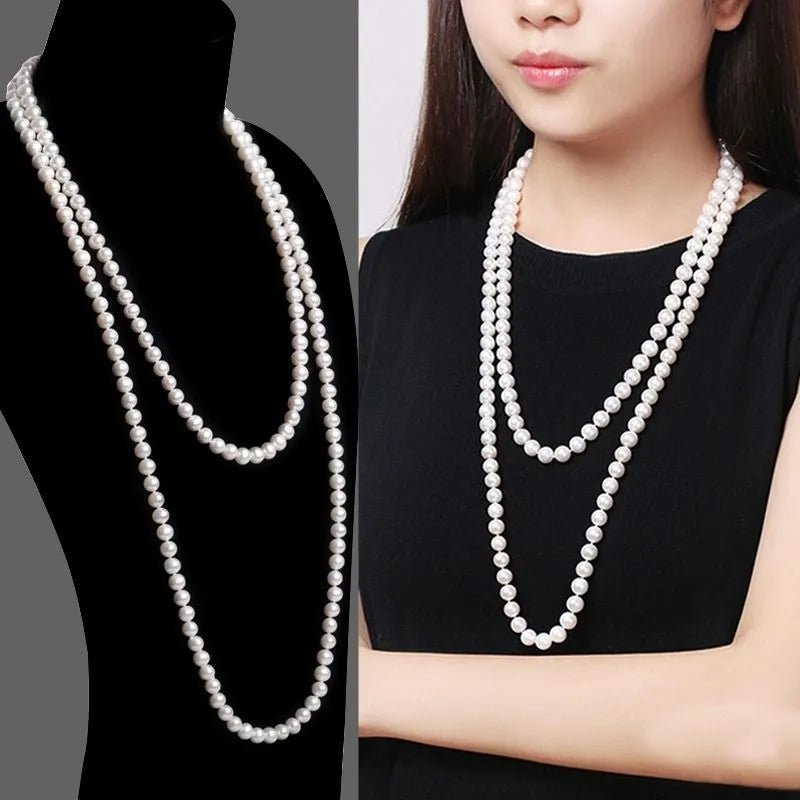 White-2-layers Show off your unique style with this 1.5m-long 8mm Fashion Imitation Pearl Multi-Layer Long Necklace