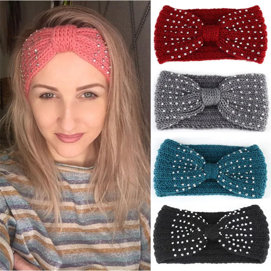 Headband Winter Warmer Ear Knitted Bowknot Rhinestone Turban For Women