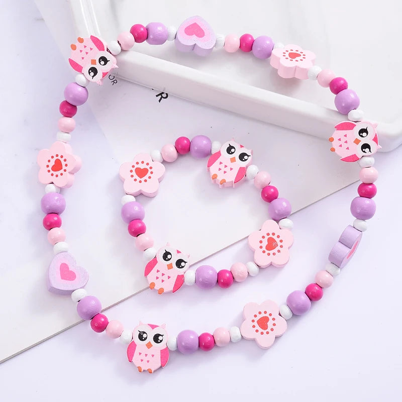 Necklace Bracelet Set Cute Cartoon Wooden Flower Animal Shape Beads Set For Girl's Birthday Gifts Jewelry Accessories