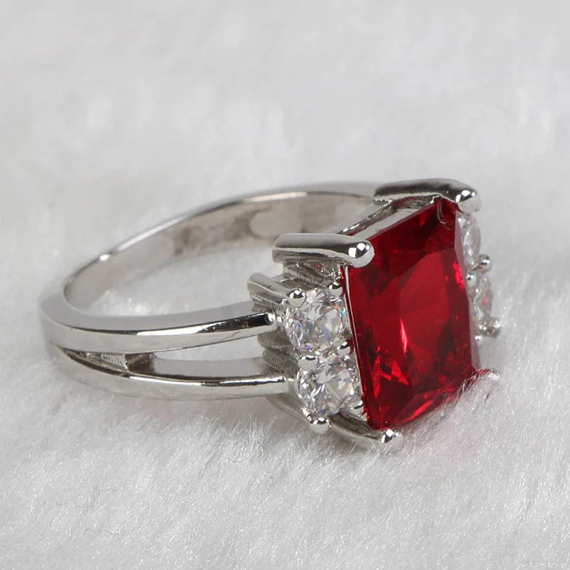 Ring for Women 925 Sterling Silver Rectangle Gemstones Geometry White Red Ruby Zircon