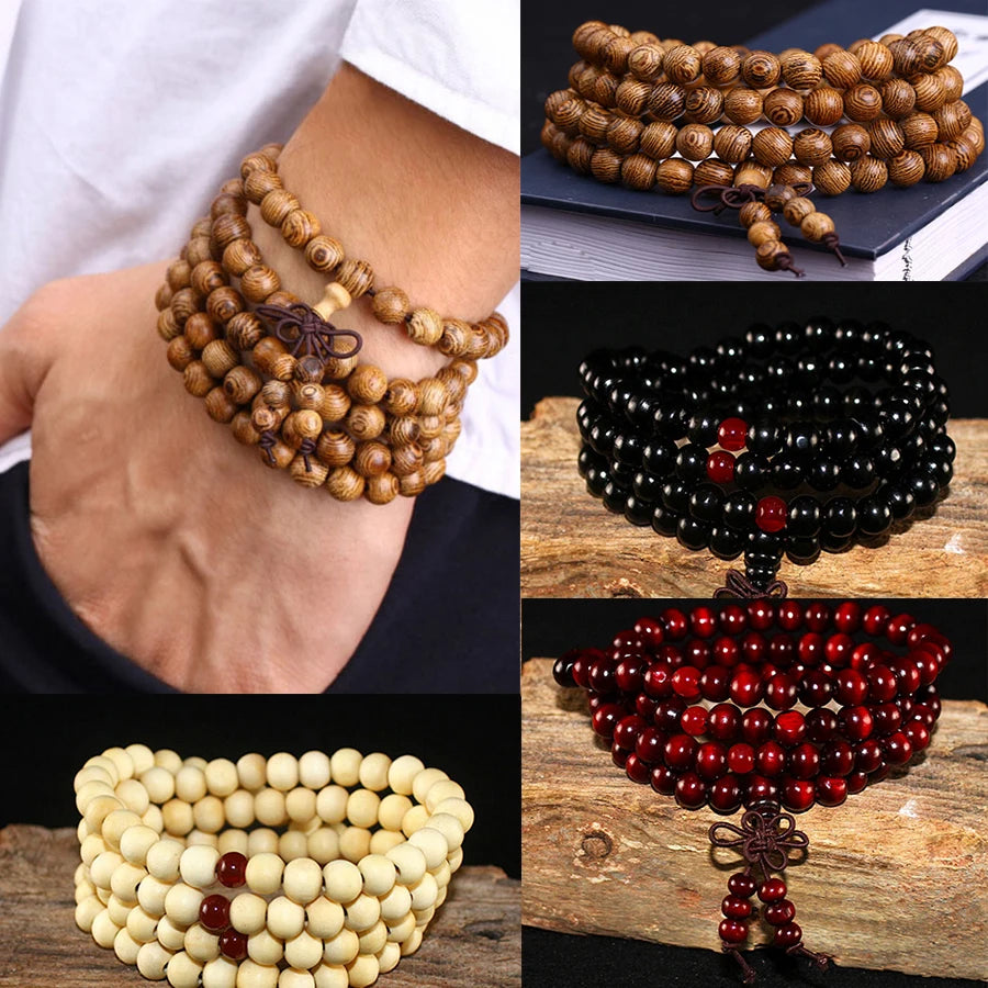 Bracelets 6mm Natural Sandalwood Wood Beads Buddhist Prayer Beaded Knot 4-Layer Wrist Chain Men Women