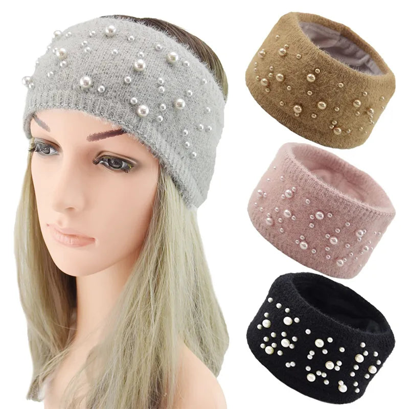 Hairbands Winter Warm Knitted Scattered Pearl Wool Fleece Turban Women