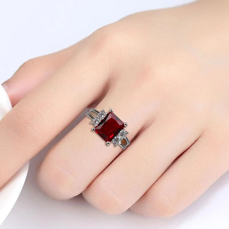 Ring for Women 925 Sterling Silver Rectangle Gemstones Geometry White Red Ruby Zircon