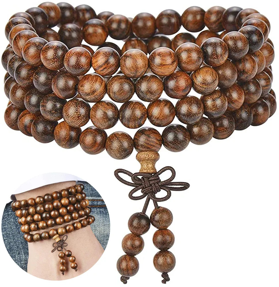 Bracelets 6mm Natural Sandalwood Wood Beads Buddhist Prayer Beaded Knot 4-Layer Wrist Chain Men Women