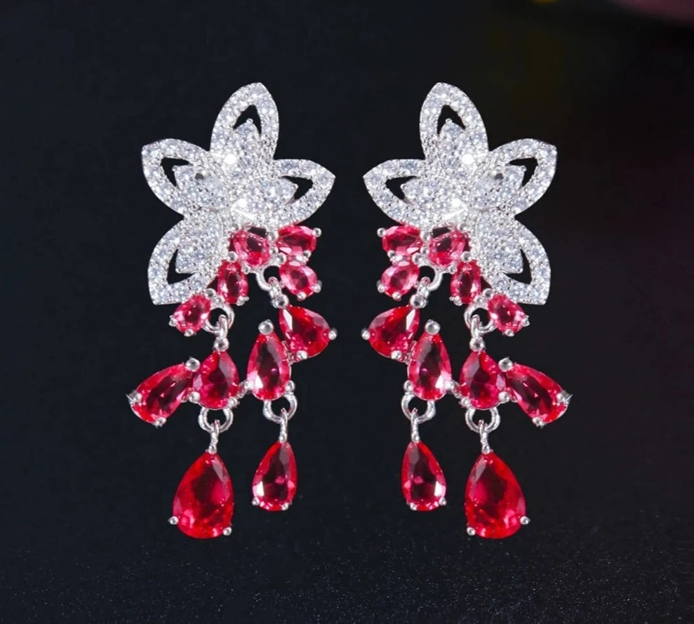 Earrings Ruby Red Cubic Zirconia Flower Waterdrop CZ Tassel Dangling Party Jewelry Gift