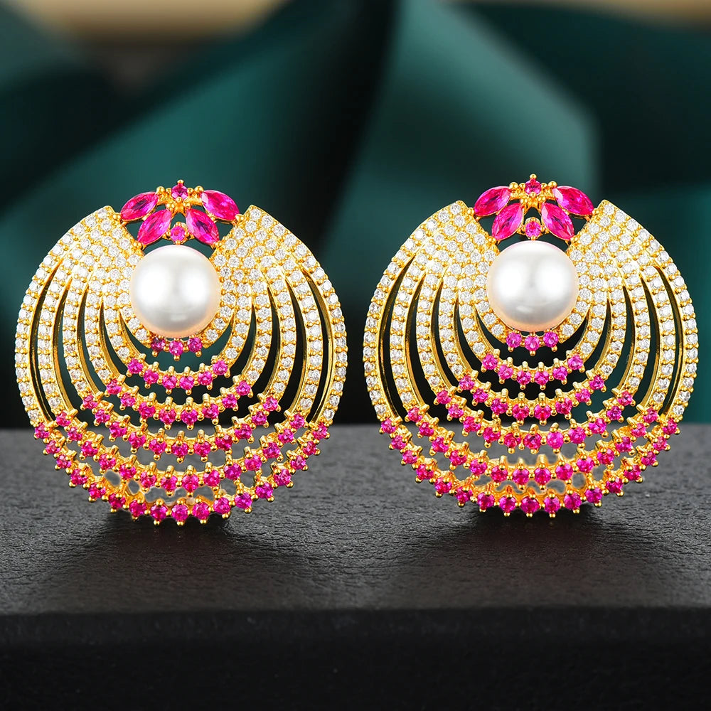 Earrings for Women Round Imitation Pearl Multicolor Cubic Zircon Trendy Circle Shape Earrings