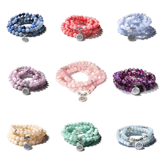 Bracelets Women 108 Beads Mala Lotus Charm 8 mm Natural Kunzite Chalcedony Stone Buddhism Beads Bracelet