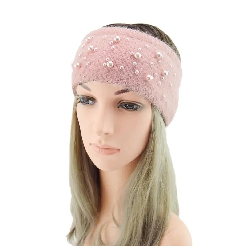 Hairbands Winter Warm Knitted Scattered Pearl Wool Fleece Turban Women