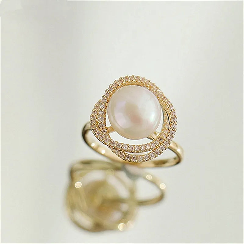 Rings For Women Micro Pave Zircon Flower Twist Big Pearl New Fashion Jewelry