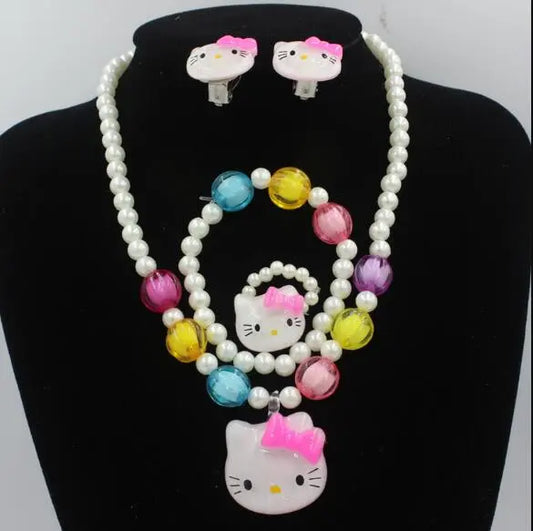 Necklace Bracelets Girls Jewelry 1 set Imitation Pearls princess Beads Cat Cute Party Xmas gift