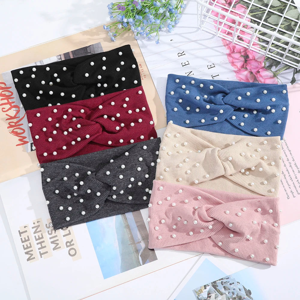 Hair Bands Women Pearls Knitted Turban Bandana