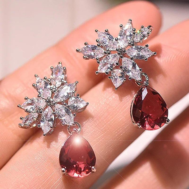 Earrings for Women Luxury Red Cubic Zirconia Dangle High Quality Statement Jewelry