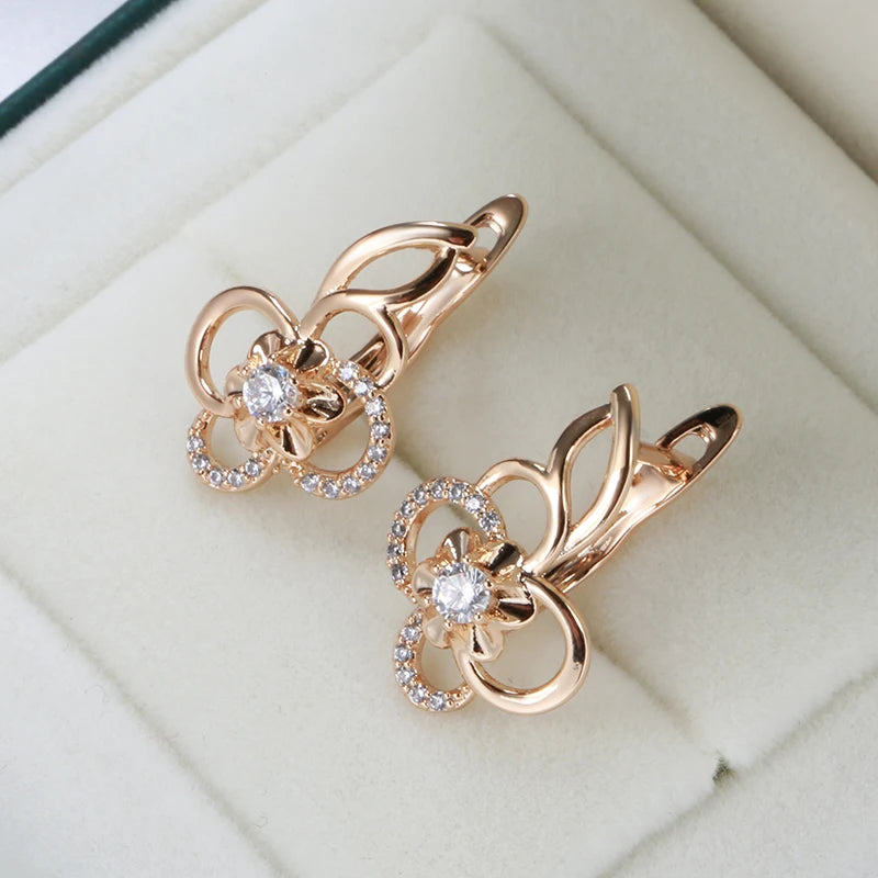 Earring Studs for Women Trendy Cute Hollow Flower 585 Rose Gold Color Natural Zircon Creative Fashion Girls Daily Jewelry