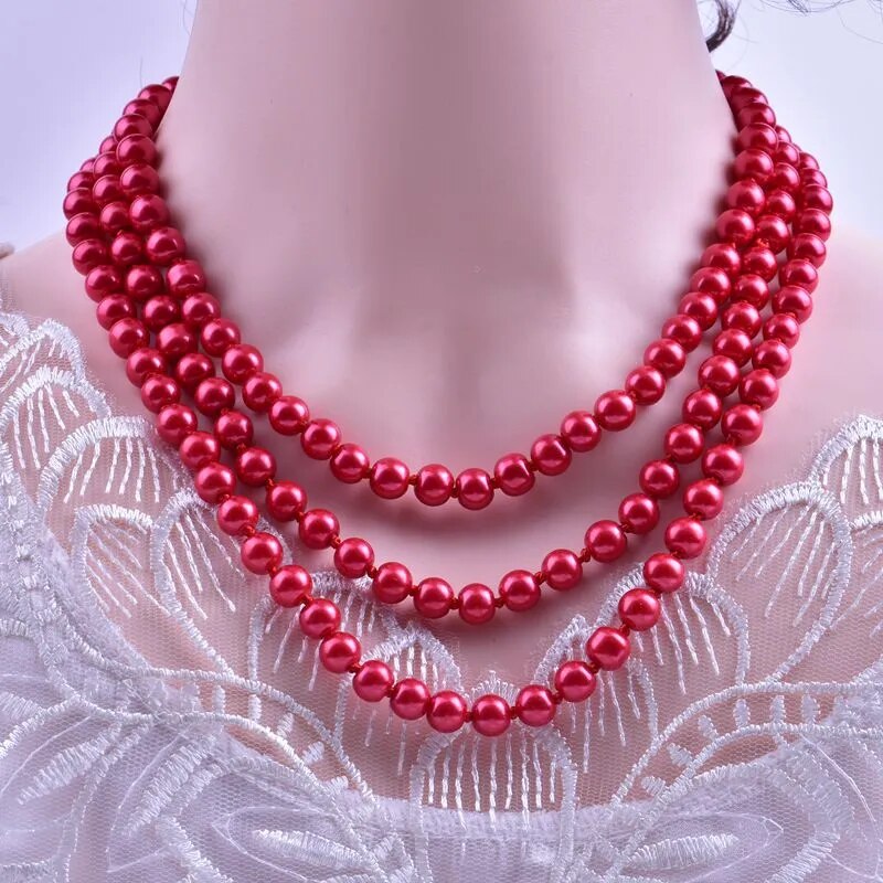 Ruby Red 3-layers Show off your unique style with this 1.5m-long 8mm Fashion Imitation Pearl Multi-Layer Long Necklace