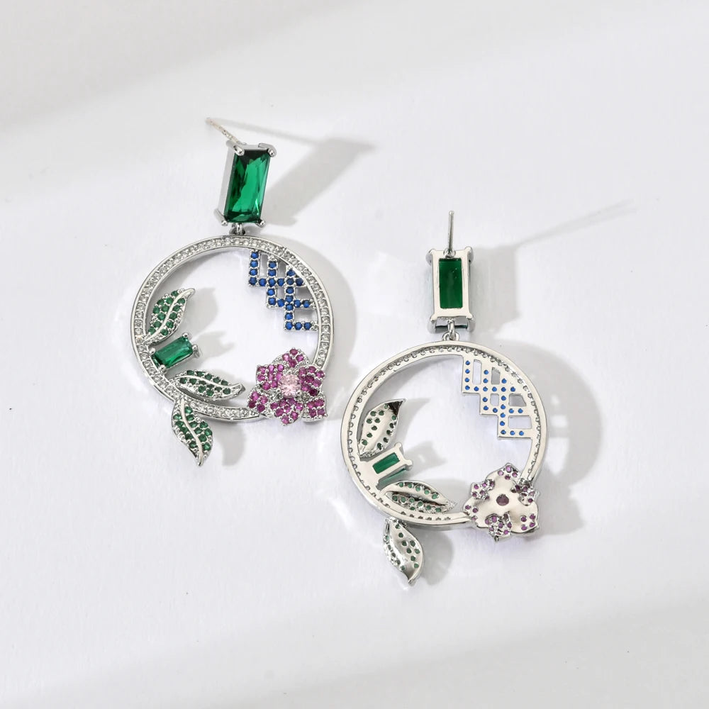 Earring Drop Style for Women/Girls Colorful Zircon Plant Flower Design