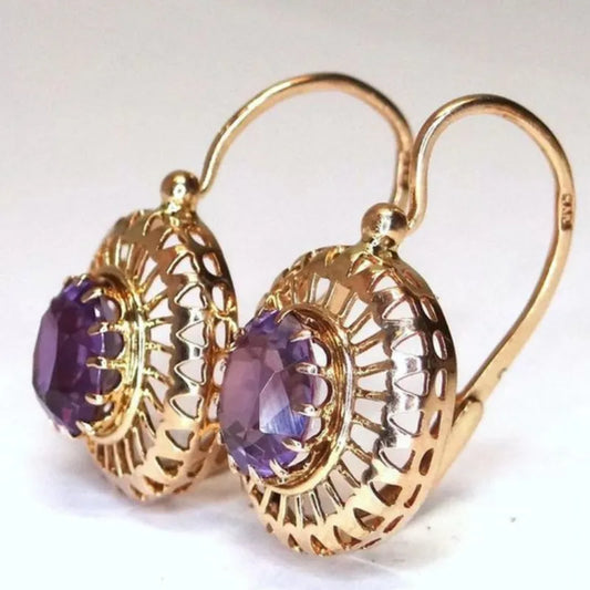 Earrings For Women Vintage Gold Color Purple Crystal Zircon CZ Stone Inlay Drop Earrings Wedding Jewelry Gifts