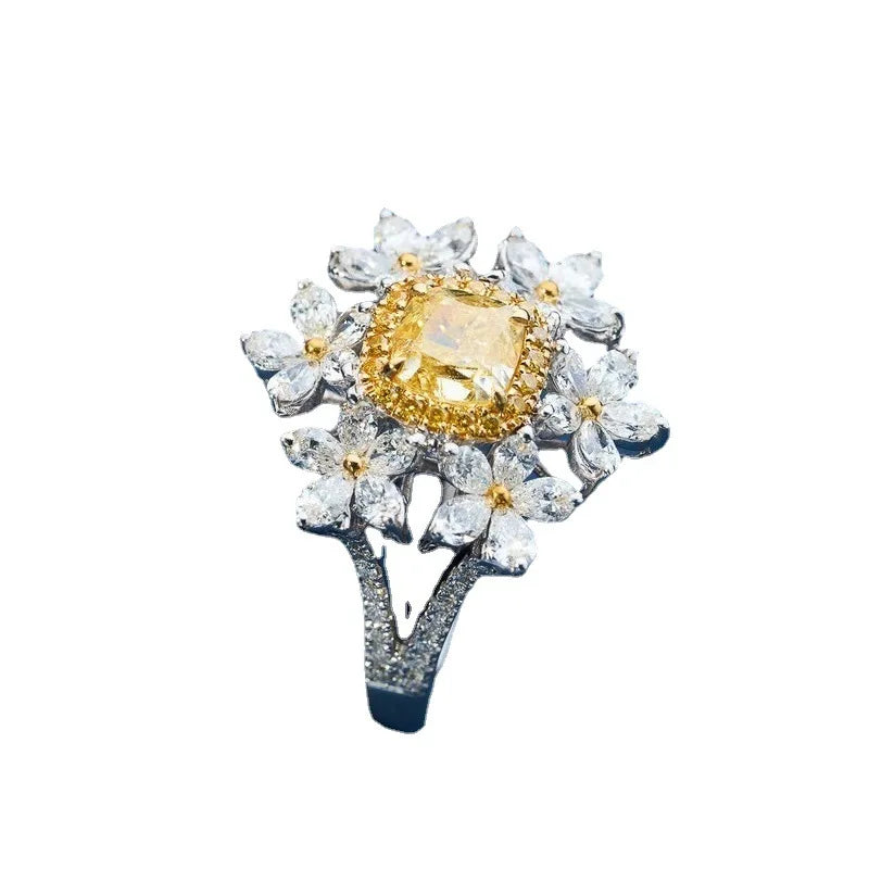 Ring Resizable Women Luxury Yellow Crystal Charm Silver Color Party Fashion Jewelry