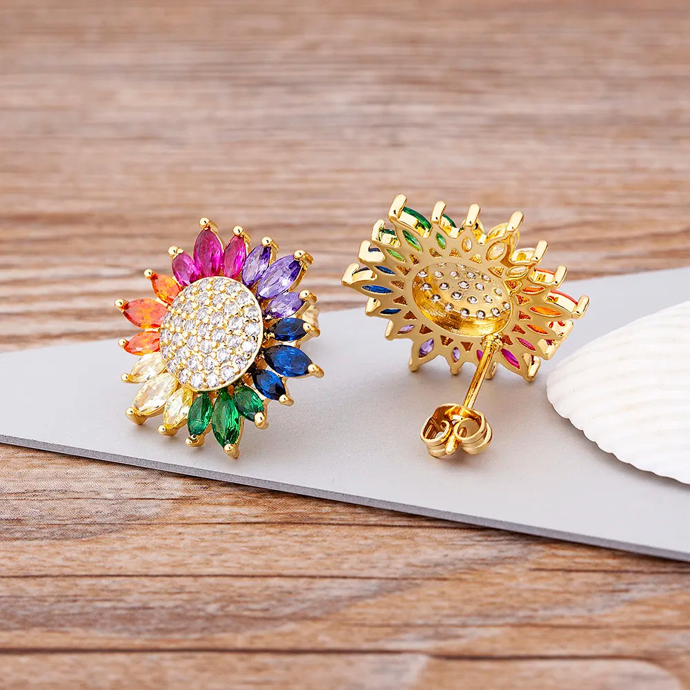 Earrings For Women Colorful Sunflower Cubic Zirconia Stud Wedding Party Charm Jewelry