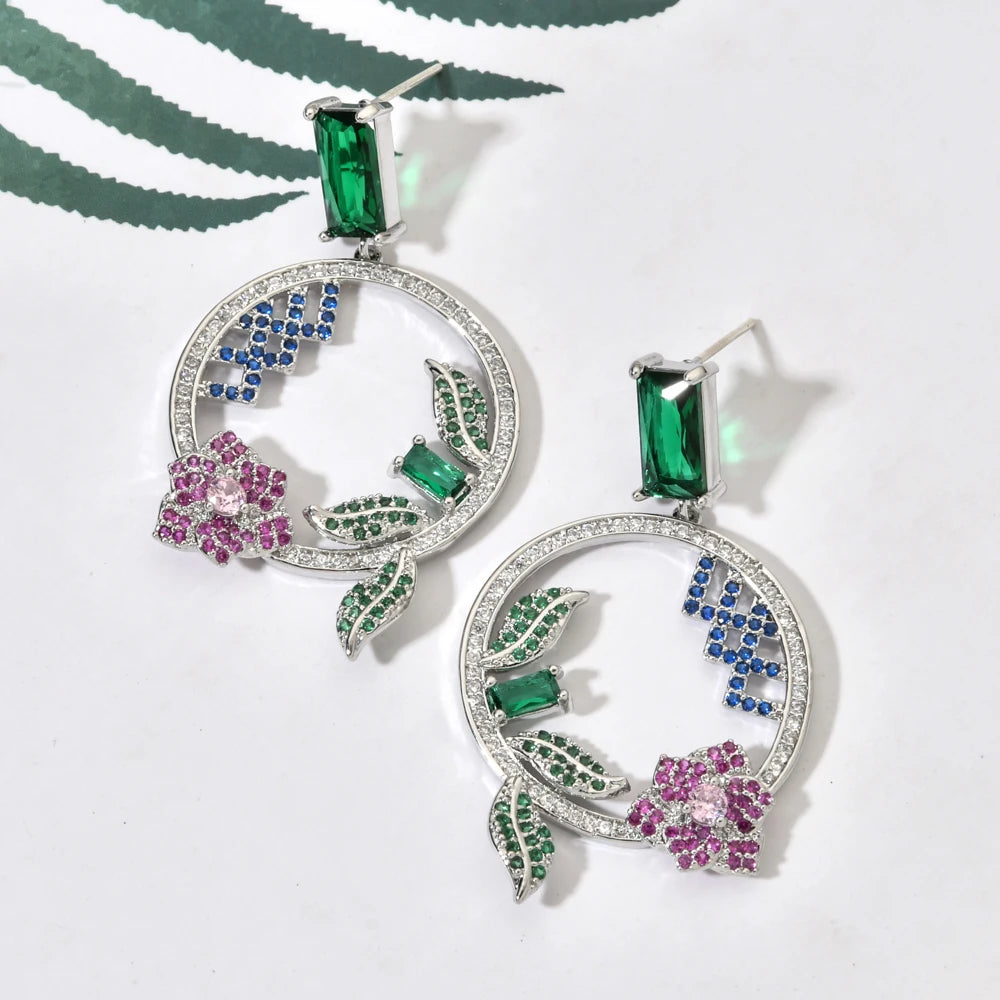 Earring Drop Style for Women/Girls Colorful Zircon Plant Flower Design