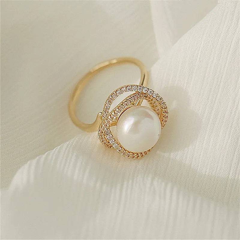 Rings For Women Micro Pave Zircon Flower Twist Big Pearl New Fashion Jewelry