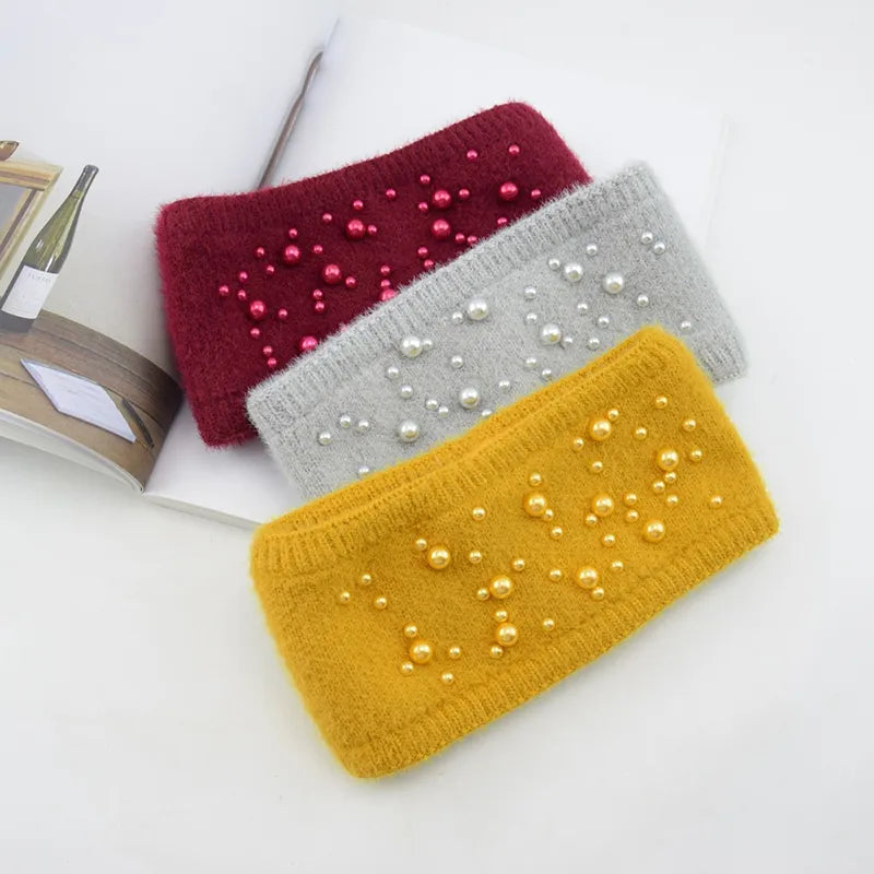 Hairbands Winter Warm Knitted Scattered Pearl Wool Fleece Turban Women