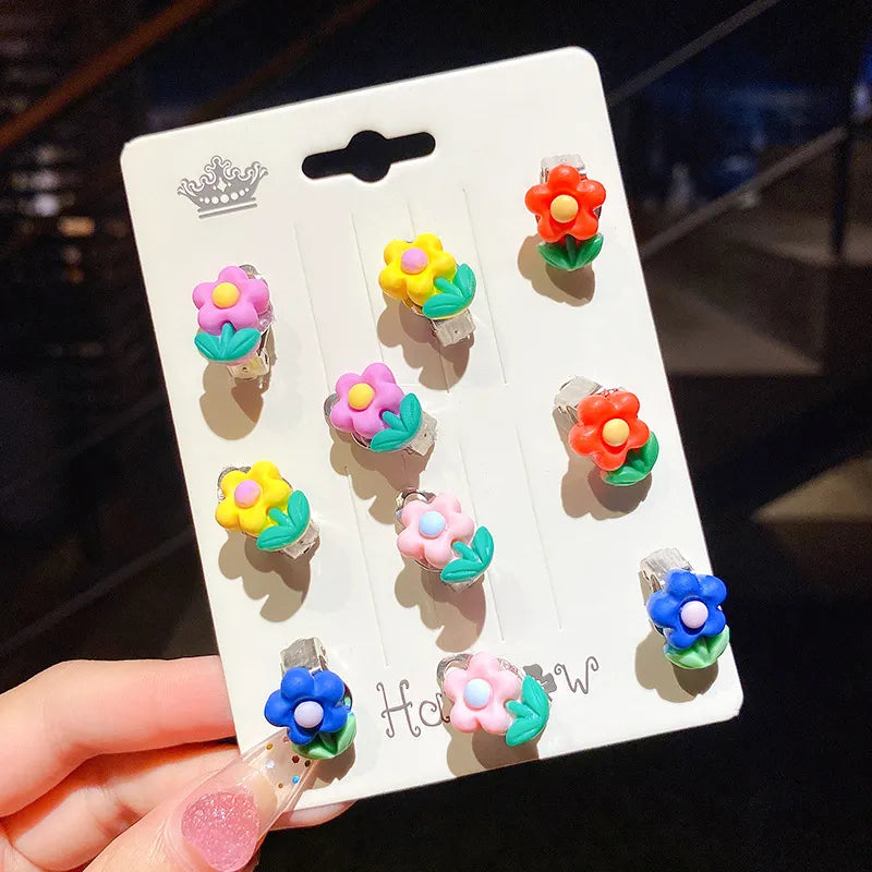 Earrings Studs/Ear Clips 10Pcs/Set New Cartoons Girls Sweet Acrylic non piercing anti-pain